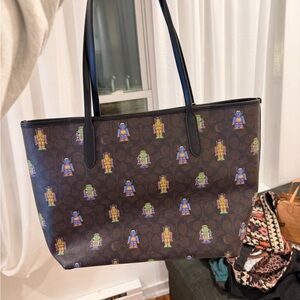 Coach Brown Tote with Colorful Robot Print
